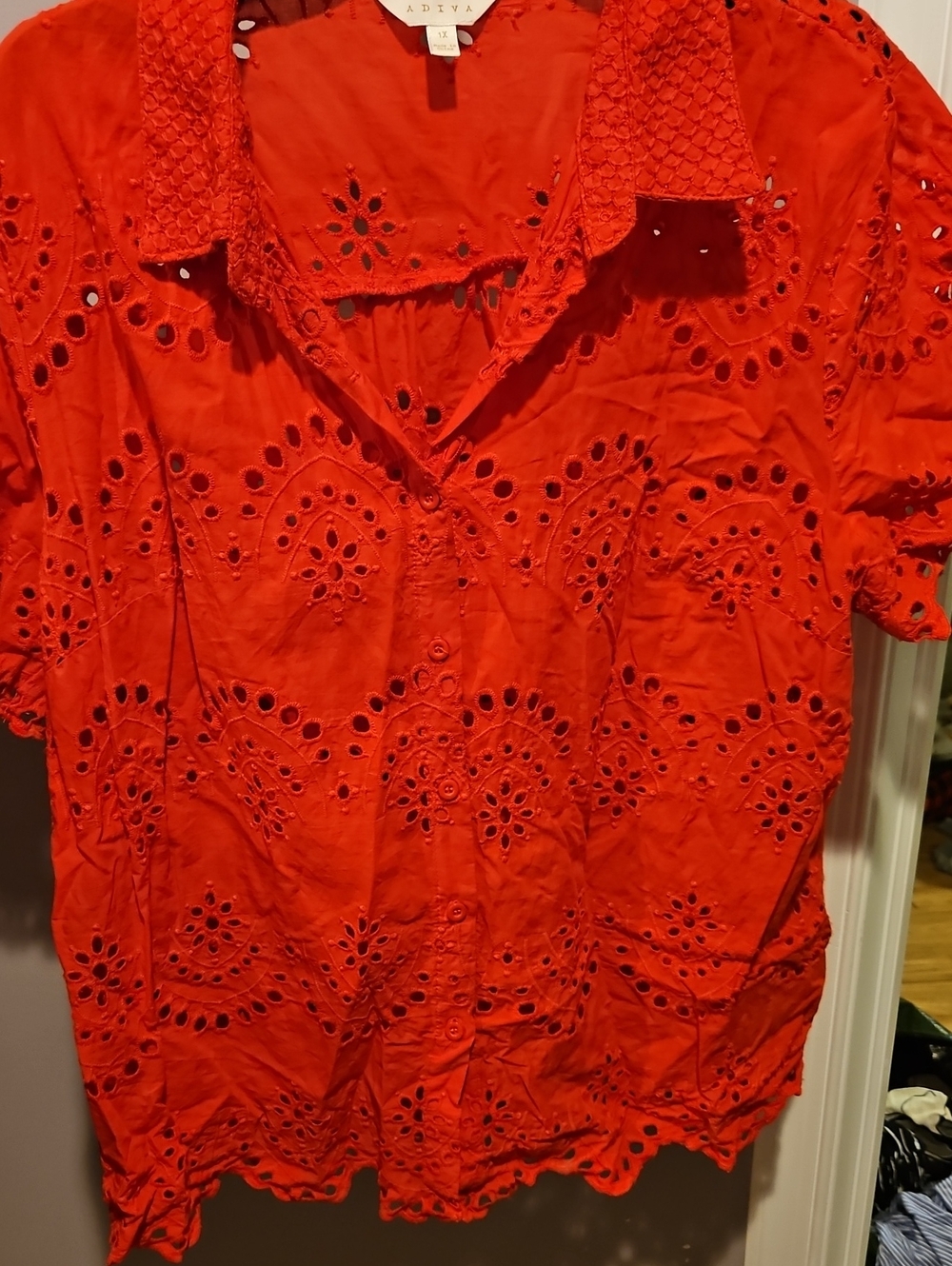 Adiva Bright Red Eyelet Button-Down Shirt